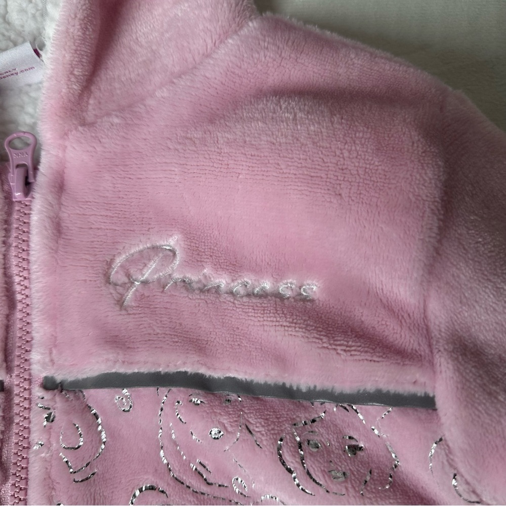 Disney Princess Pink Sherpa Zip Hoodie Girls Size 6 Cozy Glitter Jacket - Picture 3 of 9